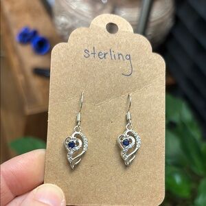 Sterling Silver Heart Earrings with Blue Gem and Diamond Chip
